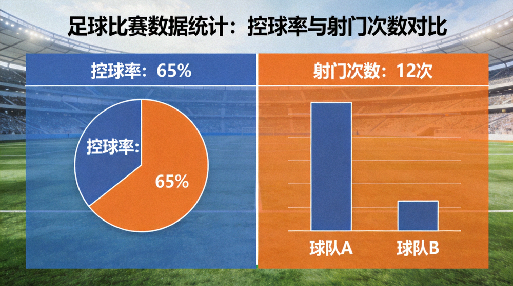 足球比赛数据统计图表，展示控球率与射门次数对比